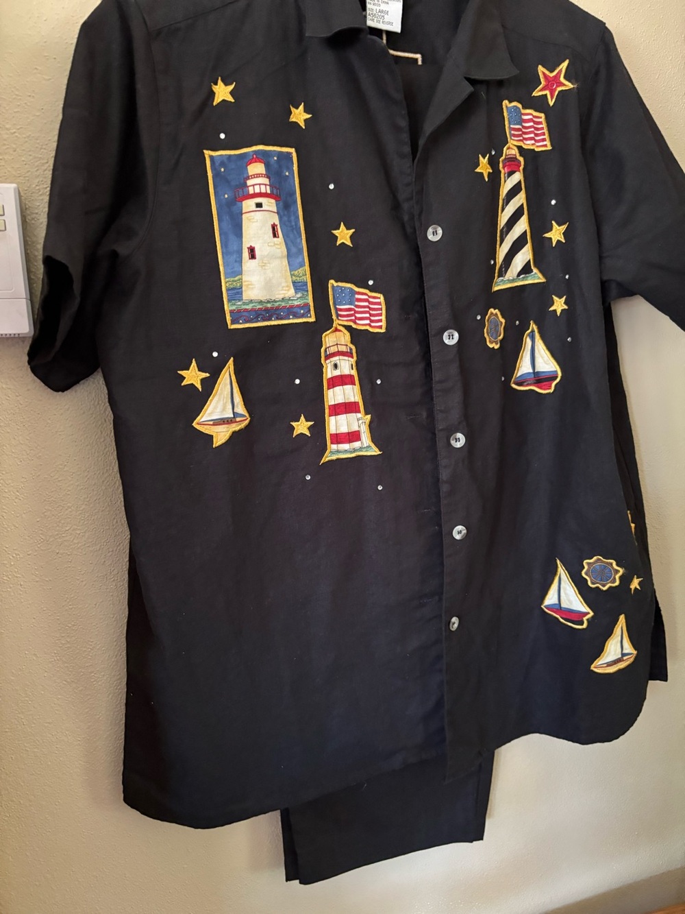 Quacker Factory 1X , 2 piece nautical set in cotton and linen , embroidered